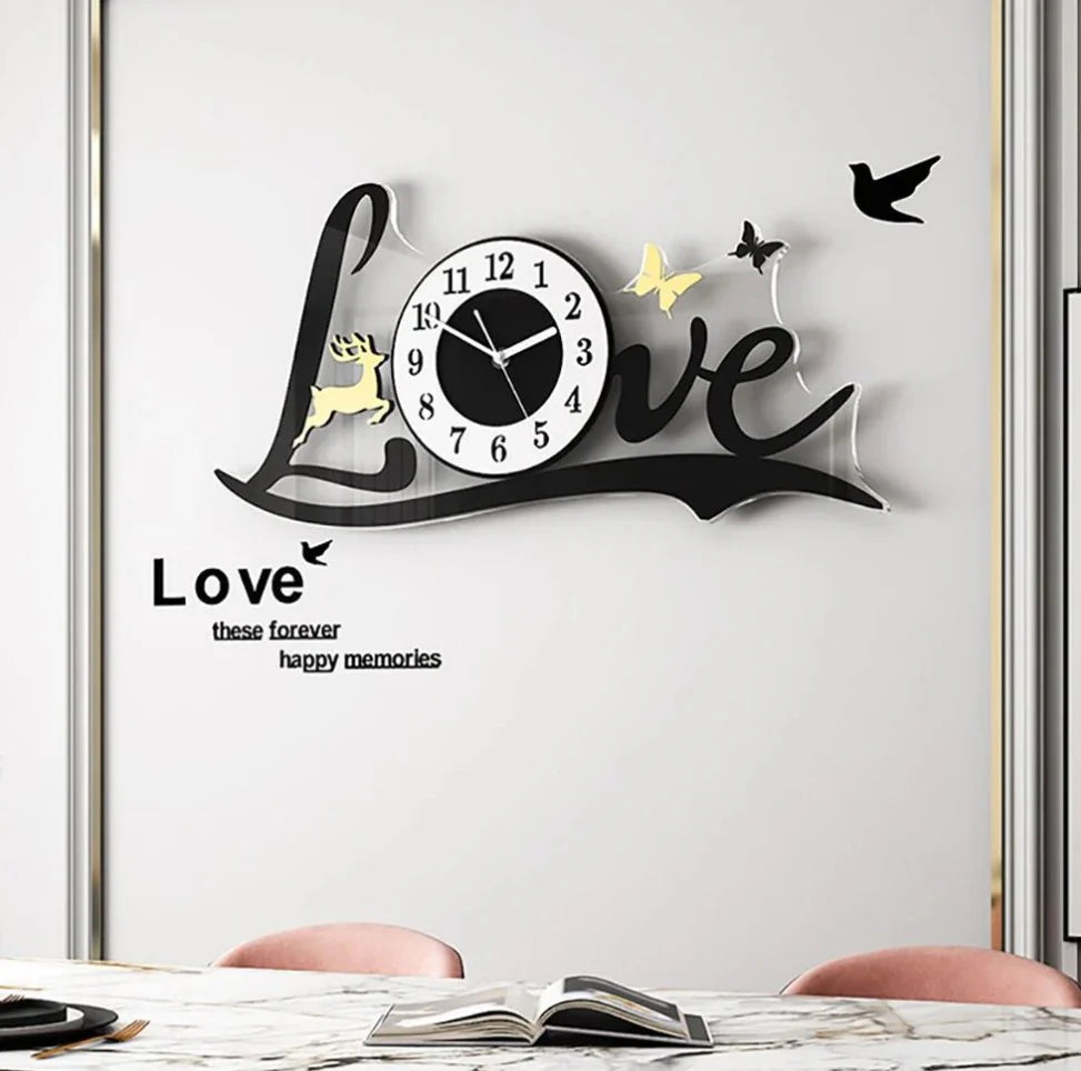 ساعة حائط ثلاثية الأبعاد بتصميم حب، مصنوعة من الأكريليك لتزيين الجدران